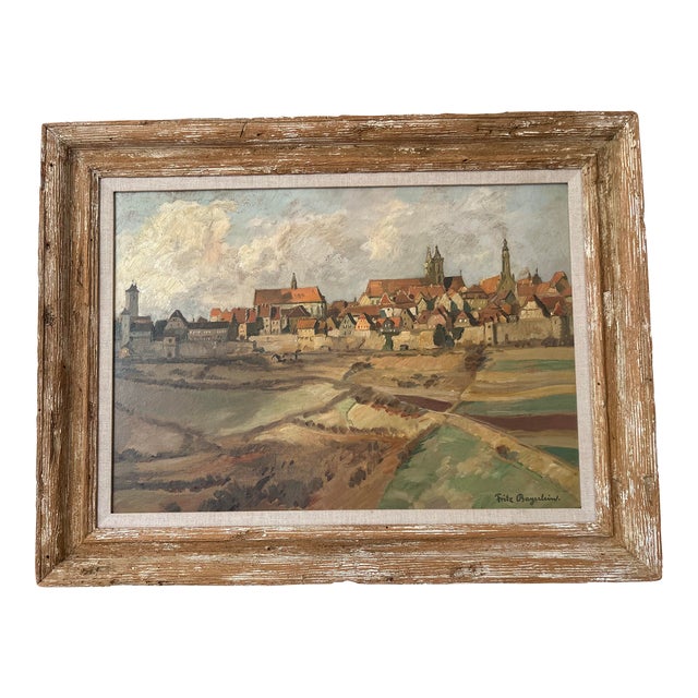 Mid 20th Century German Countryside Oil Painting on Wood by Fritz Bayerlein, Framed For Sale