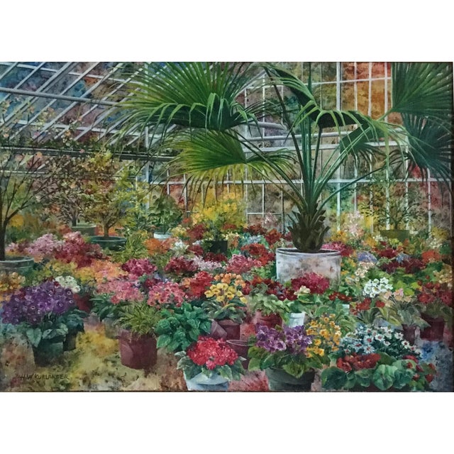 Artist: Honey W. Kurlander, American (1929 - ) Title: Greenhouse Year: circa 1975 Medium: Oil on Canvas, signed l.l. Size:...