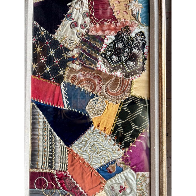 Victorian 19th C Victorian Style Textile - Framed Crazy Quilt Panels With Embroidery For Sale - Image 3 of 8