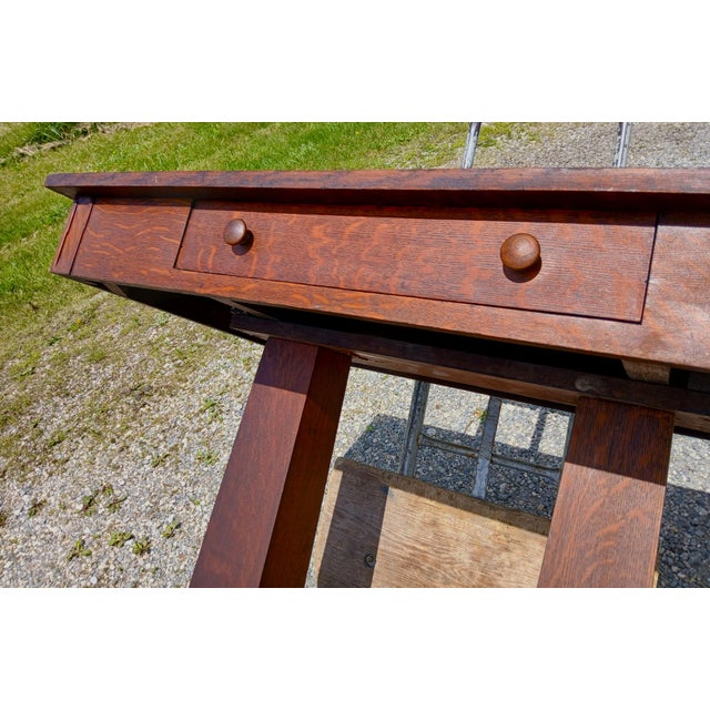 Antique Mission Quarter Sawn Oak Double Pedestal Library Table 1920 For Sale - Image 11 of 17