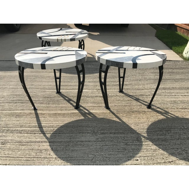White Memphis Marble and Brass Inlay End Tables - a Pair For Sale - Image 8 of 13
