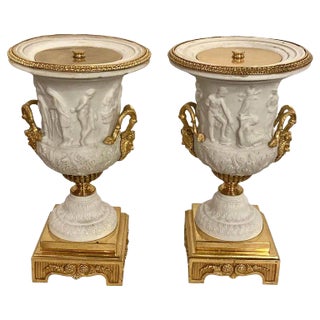 Neoclassical Sevres Parian and Doré Bronze Mounted Urns or Vases 1920s a Pair For Sale