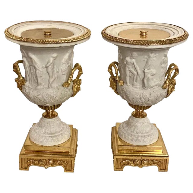 Neoclassical Sevres Parian and Doré Bronze Mounted Urns or Vases 1920s a Pair For Sale