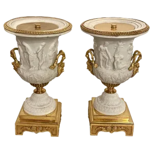 Neoclassical Sevres Parian and Doré Bronze Mounted Urns or Vases 1920s a Pair