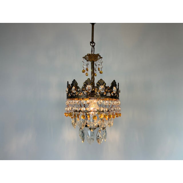 Rare Vintage Brass Crystal Chandelier | 1960s | Amber & Clear Crystal Pendant Light For Sale - Image 16 of 16