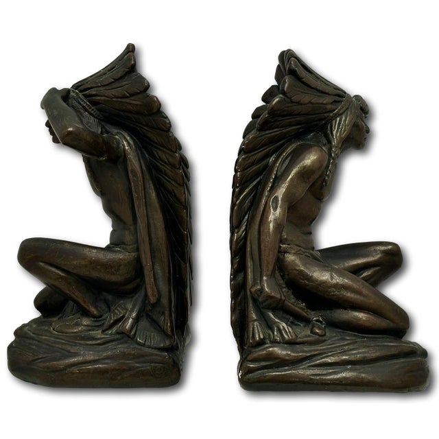 Large & Unusual Antique Native American Indian Motif Bronze Clad Bookends Signed Ruhl - Circa 1910s For Sale - Image 13 of 18