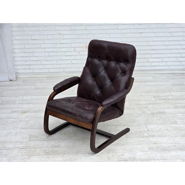 Scandinavian Lounge Chair in Brown Leather and Bentwood, 1970s For Sale - Image 16 of 18