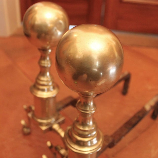 Early 19th Century Pair of Antique American Cannon Ball Top Brass Andirons For Sale - Image 5 of 12
