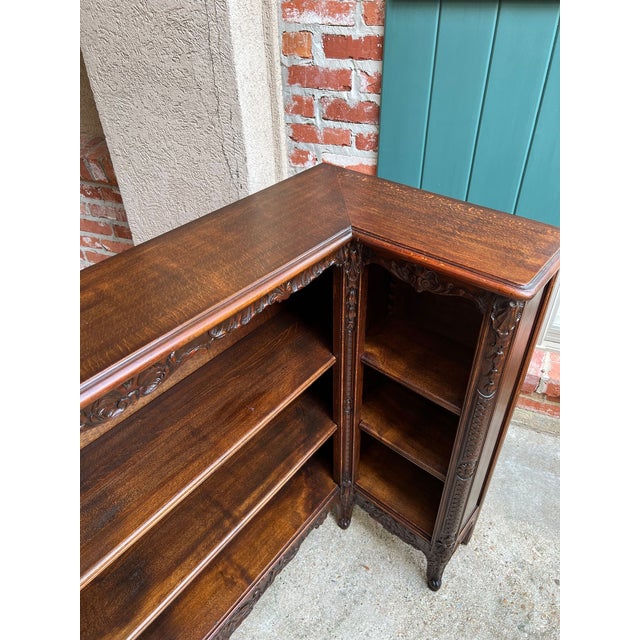 Wood Antique French Corner Bookcase Carved Oak Louis XV Revival Open Shelves C1920 B For Sale - Image 7 of 18