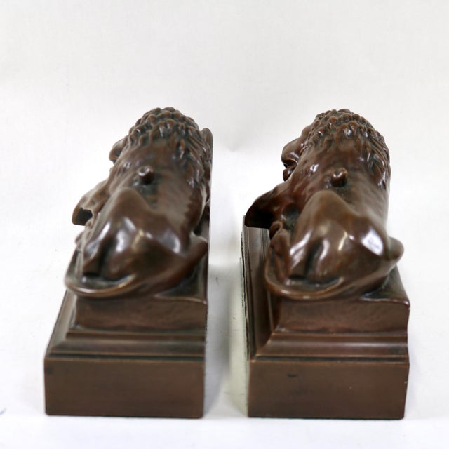 French 1930's Lion of Lucerne Bronze Finish Metal Bookends by Jennings Brothers Usa-a Pair For Sale - Image 3 of 12