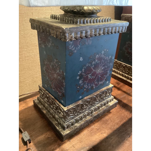 Vintage Chinoiserie Teal Floral & Gilt Architectural Table Lamps - a Pair For Sale - Image 11 of 12