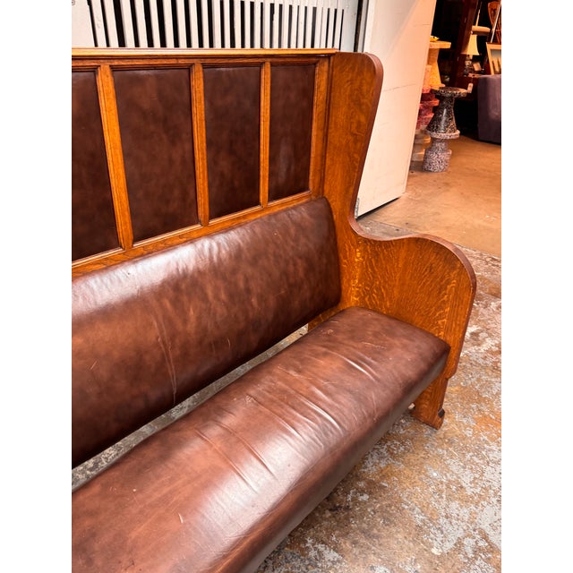 Antique High-Back Oak + Leather Settle Bench For Sale - Image 10 of 12