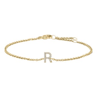 10K Yellow Gold Diamond Accent "R" Initial Charm and Link Bracelet For Sale
