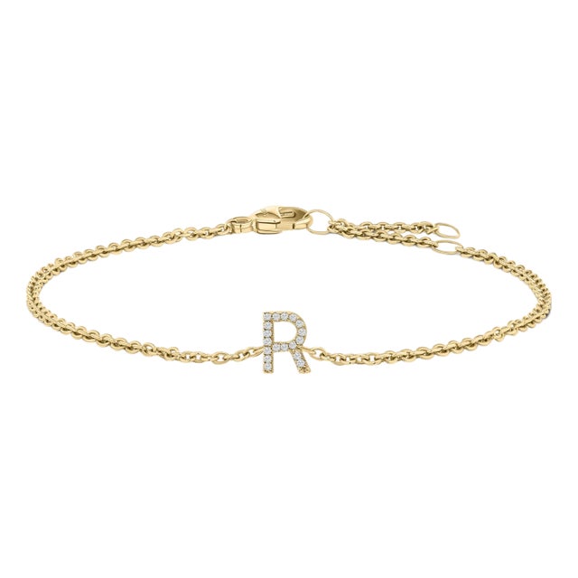 10K Yellow Gold Diamond Accent "R" Initial Charm and Link Bracelet For Sale