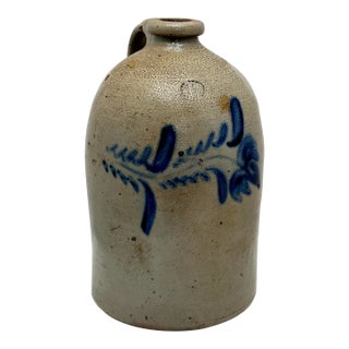 Unusual Antique American Stoneware 1 1/2 Gallon Jug With Very Nice Blue Decorated Flower Circa Mid 19th Century For Sale