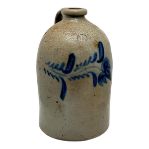 Unusual Antique American Stoneware 1 1/2 Gallon Jug With Very Nice Blue Decorated Flower Circa Mid 19th Century