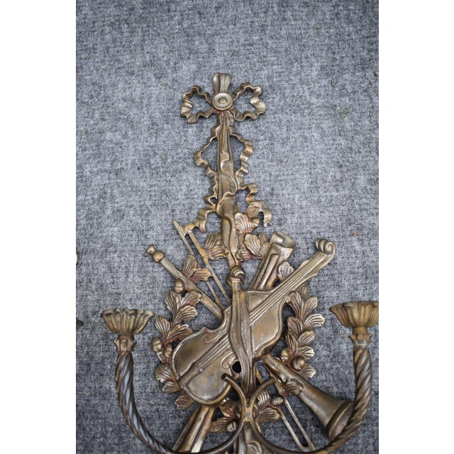 1940s French Pair Brass Sconces Large Ornate Music Wall Violin Candle Holders 40s For Sale - Image 5 of 17