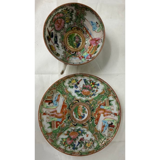 Antique Chinese Export Porcelain Famille Rose Medallion Pattern Cup and Saucer Set For Sale In Providence - Image 6 of 7