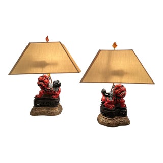 1920s Lacquered Carved Wood Foo Dog Table Lamps- a Pair For Sale