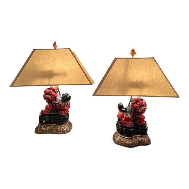 1920s Lacquered Carved Wood Foo Dog Table Lamps- a Pair For Sale