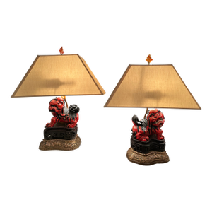 1920s Lacquered Carved Wood Foo Dog Table Lamps- a Pair