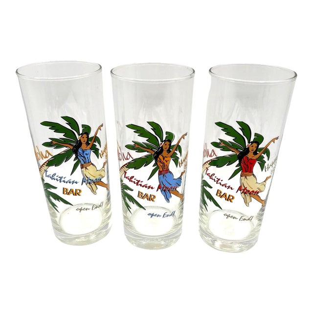 1990s Tiki Hula Girl Hawaiian High Ball Bar Drinking Glass Tahitian Moon Bar, Set of 3 For Sale