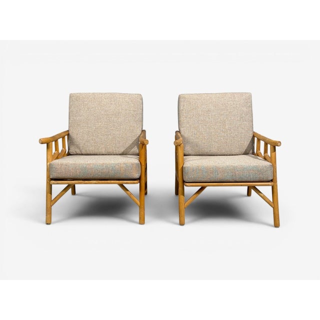 1950s Ficks Reed, Lounge Chairs, Bamboo, Cane, Beige Tweed, Usa, 1950s For Sale - Image 5 of 15
