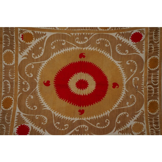 Uzbek Suzani Textile, Square Red and Camel Table Cover in Red Tones 4'2'' X 4'9'' For Sale In New York - Image 6 of 16