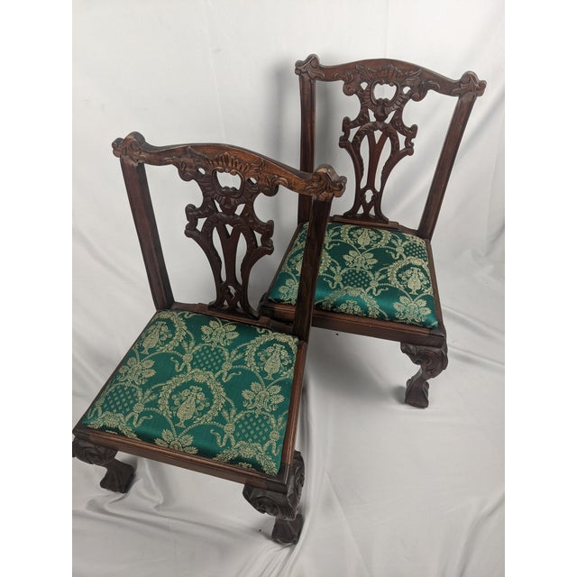 Brown Pair of Antique Carved Wood Chippendale Style Side Chairs With Green Brocade Seats For Sale - Image 8 of 18