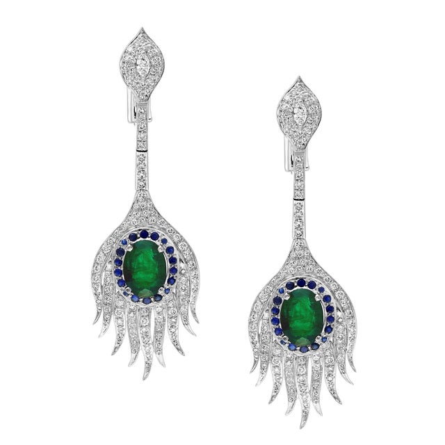 2020s Gia Certified 20ct Zambian Emerald & 15ct Diamond Necklace Earring Suite 18kwg For Sale - Image 5 of 8