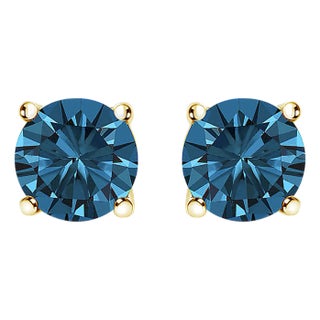14K Yellow Gold 1/2 Cttw Round Brilliant Cut Lab Grown Blue Diamond 4-Prong Classic Solitaire Stud Earrings (Blue Color, VVS2-VS1 Clarity) For Sale