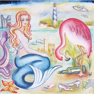 Love Lorn by Zoa Ace | Oil on canvas Mermaid with a flamingo and various coastal elements. For Sale