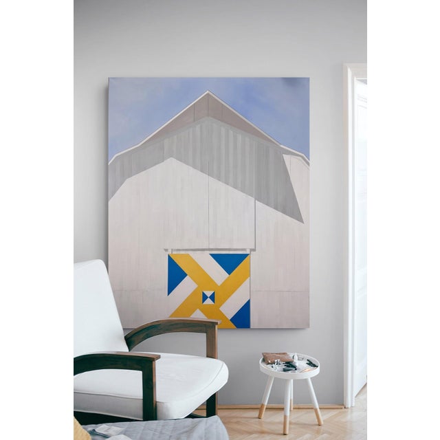 Textile Sunrise by Justin Wheatley | Acrylic on Canvas White Barn With Yellow and Blue Quilt Block For Sale - Image 7 of 8