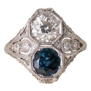 Early 20th Century J.E. Caldwell Sapphire & 1.10ct Old European Cut Diamond Art Deco Platinum Ring, Size 5 For Sale