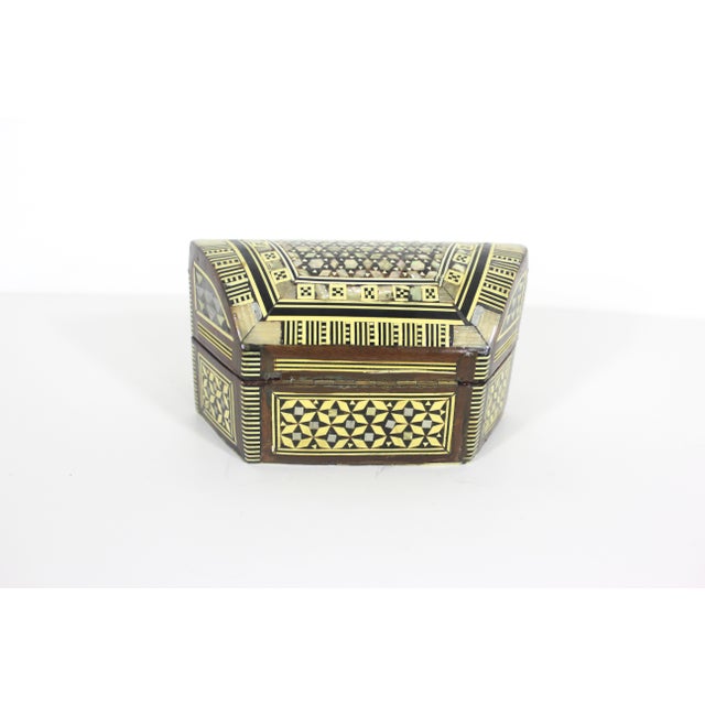 Vintage Moorish Inlaid Wood Box With Mother of Pearl Shell and Bone Inlay Inlaid For Sale - Image 4 of 11