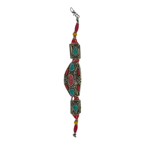 Mid Century Moroccan Tribal Silver Bracelet With Turquoise and Red Stones