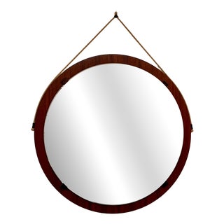 Large Vintage Round Teak Wall Mirror with Rope, 1970s For Sale