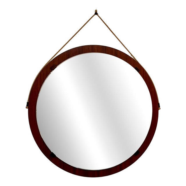 Large Vintage Round Teak Wall Mirror with Rope, 1970s For Sale