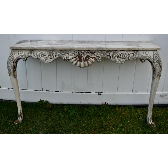 Carved Walnut Console Table Vintage Venetian White Marble Top Louis XV Style 50s For Sale - Image 9 of 12