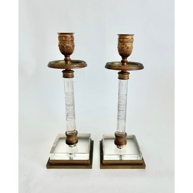 19th C French Restoration Gilt Bronze & Cut Crystal Candlesticks - A Pair For Sale - Image 4 of 13