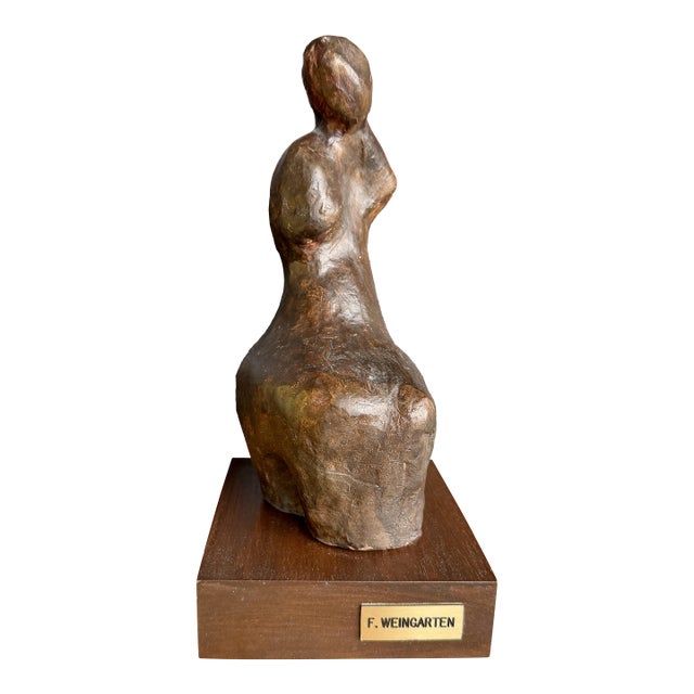 Mid Century Francis Weingarten Belgium Ceramic Female Torso Sculpture European Expressionist Clay Figure Wood Base For Sale
