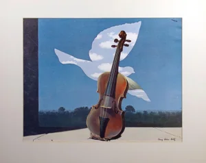 1970s "Lay Aside Sadness" Violin and Dove Surrealist Still Life Paper Collage by Mary Helen Horty