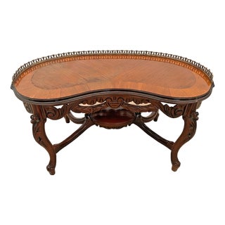 Antique French Coffee Table Kidney Shape Carved Scroll Work, Bottom Shelf Petite For Sale