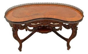 Antique French Coffee Table Kidney Shape Carved Scroll Work, Bottom Shelf Petite