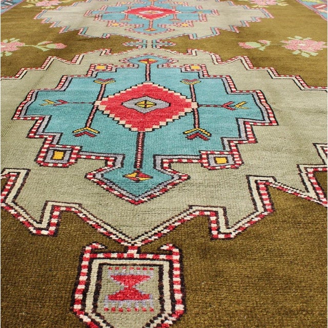 Bright Vintage Turkish Carpet in Green and Unique Vivid Colors & Design 5'10" X 9'8" For Sale - Image 4 of 9