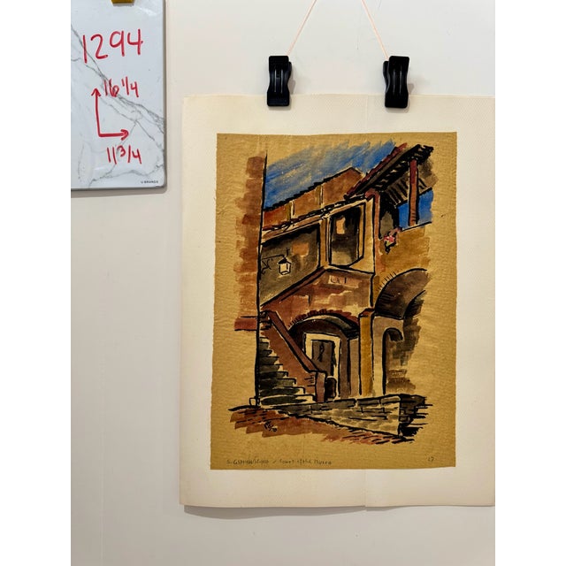 Paint Henry Emil Salloch Original Watercolor on Paper St. Gimignano, Court of the Museum, Italy. 1970. For Sale - Image 7 of 7