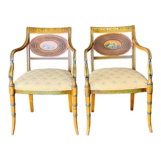 19'th C Adam's Style Faux Bamboo Medallion Caned Arm Chairs a Pair For Sale