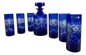 Italian Bottle and Colored Lead Crystal Glasses, 1980, Set of 7