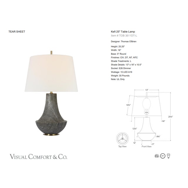 Thomas O'Brien by Visual Comfort Signature Kefi 25" Table Lamp in Dark Travertine with Linen Shade Designer: Thomas...
