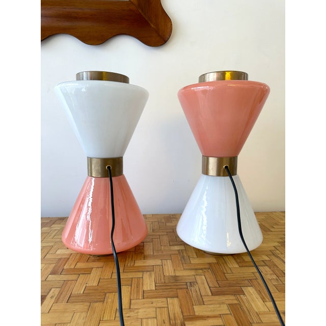 Pair of Diabolo Lamps Pink and White Murano Glass. Italy For Sale - Image 9 of 12